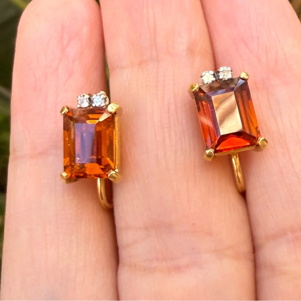 Solid 18K gold Madeira citrine natural diamond screw back earrings - Picture 2 of 12
